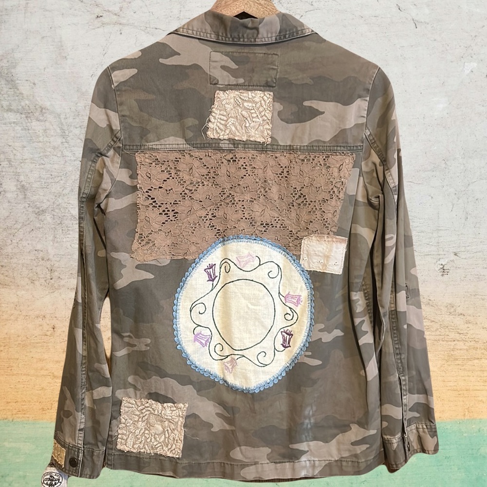 Upcycled embroidered vintage doily and lace patched boho camo camouflage jacket